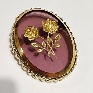 Vintage Whiting & Davis Rose Intaglio Brooch Purple Gold